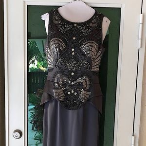 Jovani slate gray satin finish polyester formal MOB gown, size 6